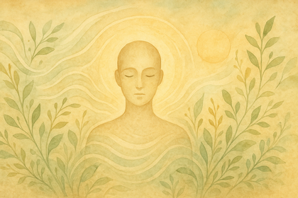 Symboliczna akwarela przedstawiająca sylwetkę człowieka otoczoną falami energii – połączenie nauki i mądrości Wschodu, fizyka kwantowa i qi