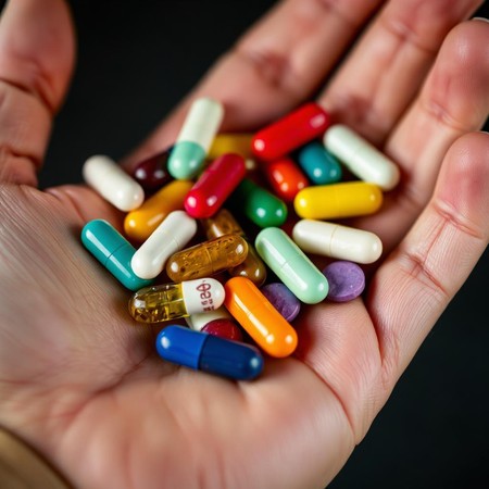 Garść kolorowych tabletek w dłoni – uzależnienie od leków i suplementów