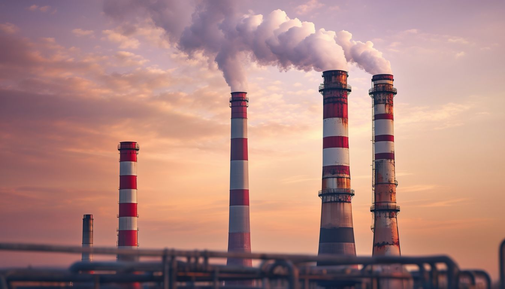 Kominy fabryk o zachodzie słońca – symbol wpływu cywilizacji i zanieczyszczeń na zdrowie człowieka