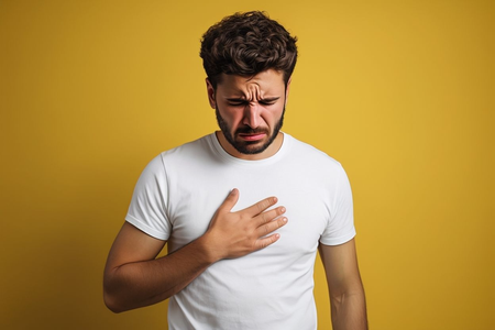 Chory mężczyzna trzymający się za klatkę piersiową – osłabiona odporność i problemy z układem oddechowym
