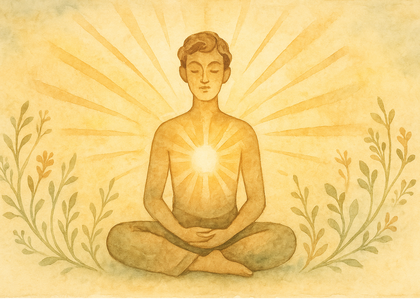 Akwarela z motywem wschodzącego słońca w sercu człowieka – metafora wewnętrznego światła i energii życia