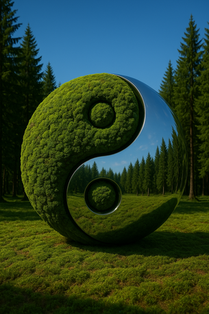 Symbol Tao utworzony z mchu i odbicia drzew – równowaga natury i człowieka w tradycyjnej medycynie chińskiej