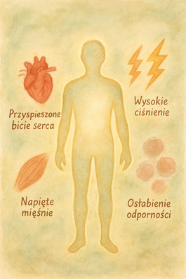 Skutki stresu na ciało – przyspieszenie akcji serca, wzrost ciśnienia, napięte mięśnie, osłabiona odporność
