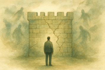 Stres jako najeźdźca – człowiek przed popękanymi murami twierdzy i mroczne cienie