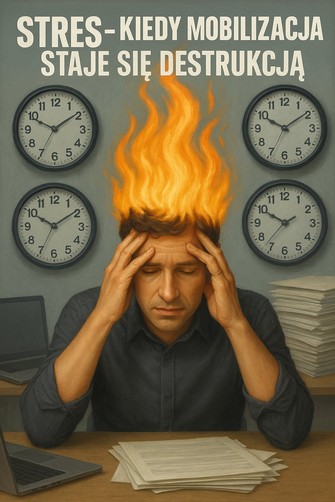 Zestresowany człowiek z płonącą głową – symbol destrukcyjnego wpływu przewlekłego stresu