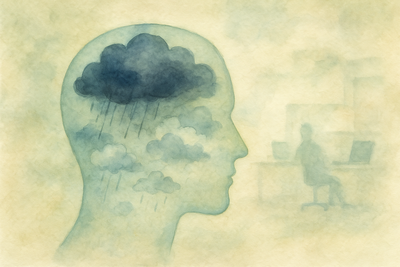 Stres psychiczny – głowa pełna myśli, lęków i presji, człowiek przy komputerze w tle