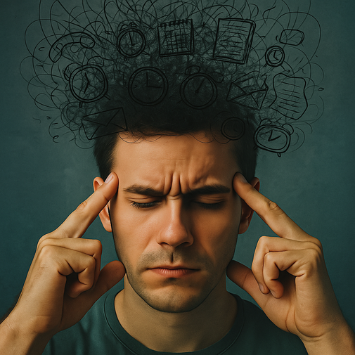 Głowa człowieka z unoszącymi się chmurami myśli – stres psychiczny i natłok obowiązków