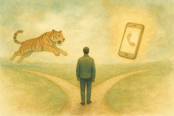 Alt: Reakcja stresowa – człowiek między zagrożeniem a codziennym stresem, tygrys i telefon