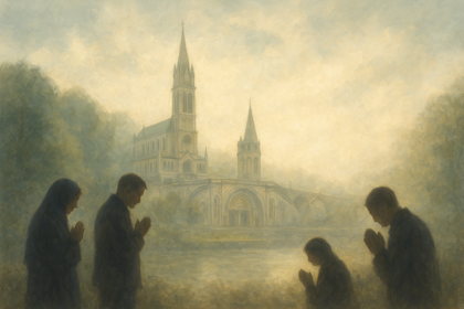 Fenomen Lourdes – symboliczna scena modlitwy ludzi pod świątynią jako przykład uzdrawiającej wiary