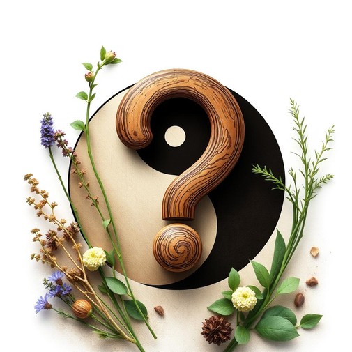 Symbol tao z drewnianym znakiem zapytania otoczony ziołami – pytanie o równowagę i źródła zdrowia