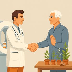 Współpraca medycyny zachodniej i naturalnej – lekarz i zielarz symbolizują wspólną drogę leczenia