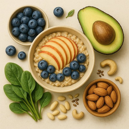 Zdrowe naturalne jedzenie – awokado, migdały, jagody i owsianka jako fundament zdrowia
