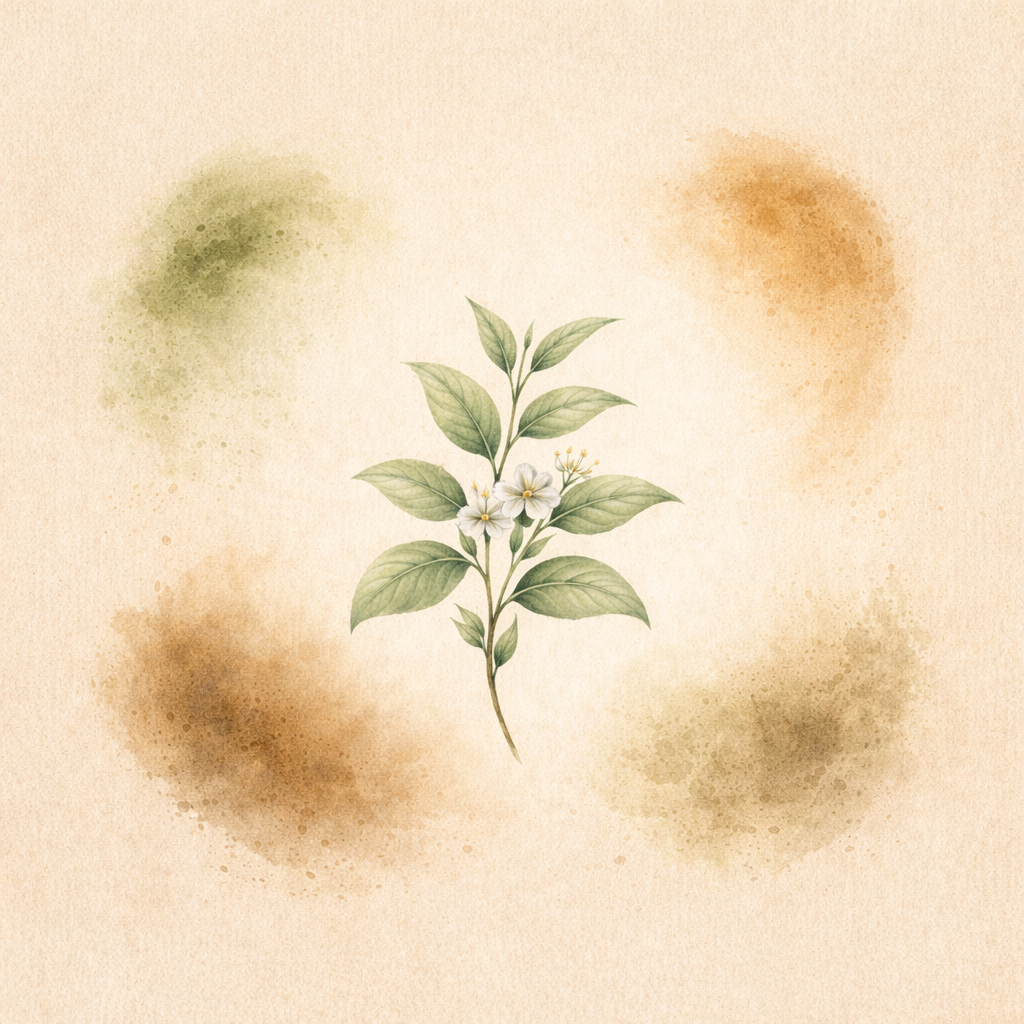 Gałązka Camellia sinensis w botanicznej ilustracji