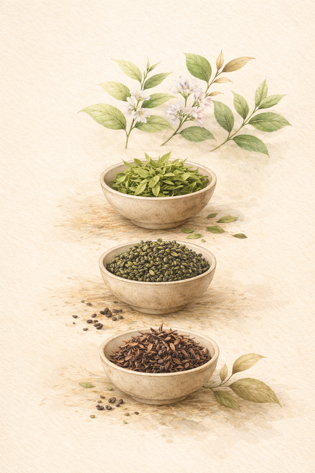 Gałązka Camellia sinensis w botanicznej ilustracji