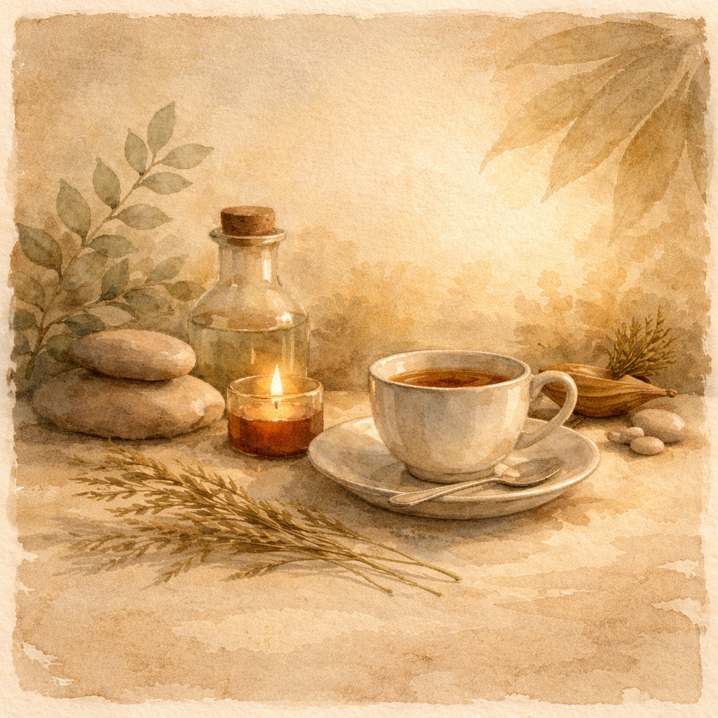 Filiżanka kawy na tle natury - podsumowanie artykułu o świadomym podejściu do kofeiny