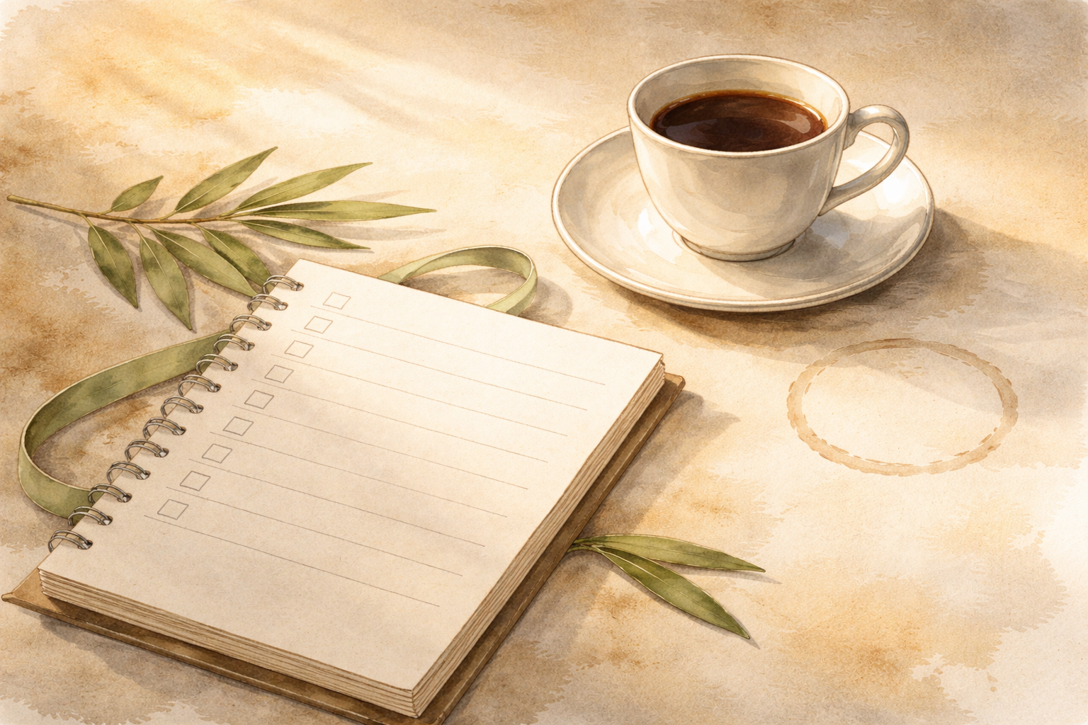 Filiżanka kawy na tle notatnika jako symbol regulacji.